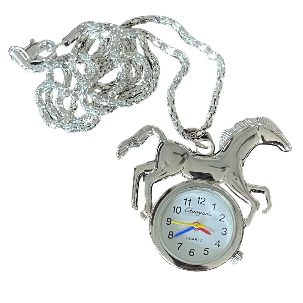 Stainless Steel Prancing Horse Watch Pendant Necklace Signed Chaoyada NotRunning